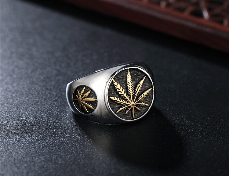 New European And American Hip Hop Reggae Hemp Leaf Men'S Titanium Steel Retro Ring Personalized Jewelry